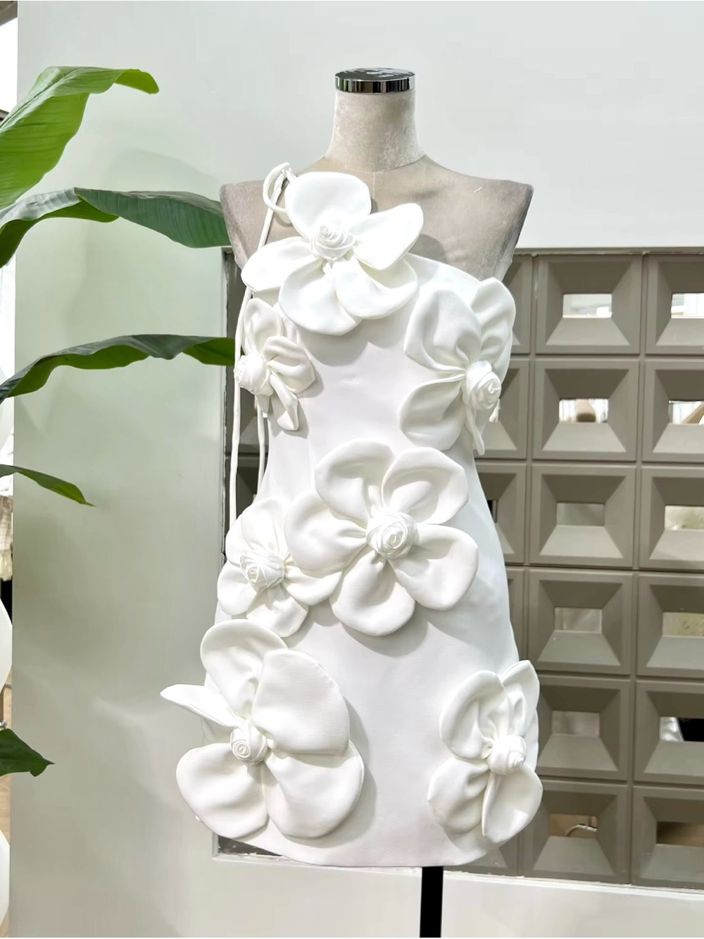 White One-Shoulder Mini Dress with 3D Floral Appliqués